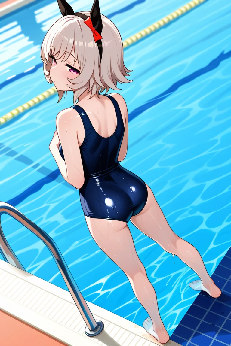 Shyness、embarrassed from、a blond、Clear liquid leaks out of the crotch、 frombelow、low angles、Competitive swimsuit、turned around、perfect buttocks、swimming pools、in poolside、