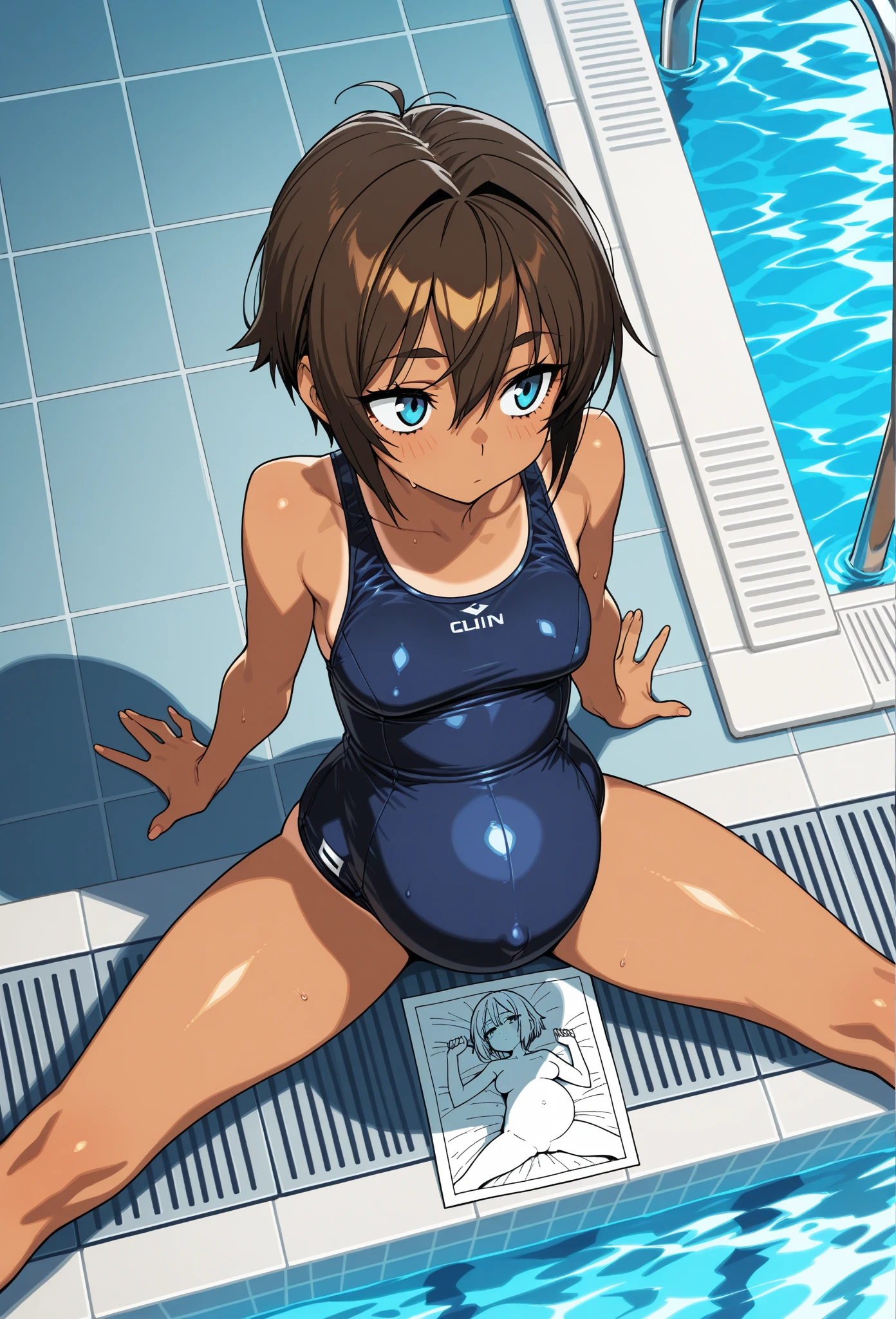 ShigureKancolle,long hair, single braid, hair flaps,ShigureBase, ((masterpiece)),((best quality)),((high resolution)), ((ultra-detailed)),old style school swimsuit, one-piece swimsuit, Navy blue school swimsuit, completely Iron collar, 1girl, Solo, disdain,disgust,blush,Kneeling, (arms behind head), (spread legs wide:1.5),from front,((concrete background)),in a cage,((caged)),prison,basement,perfect anatomy,barefoot,completely iron fetters with both legs chained together,