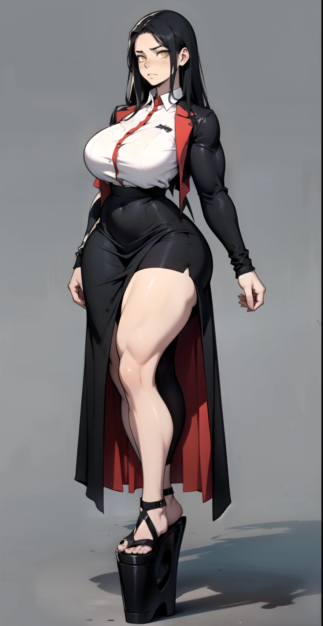female, silver long hair with black highlights, red eyes, (((1girl))), (((red sleeveless dress))), (black heels), (black bracelets), (black choker with ruby), cute and sexy, full body, huge breasts, large butt, long legs, smiling