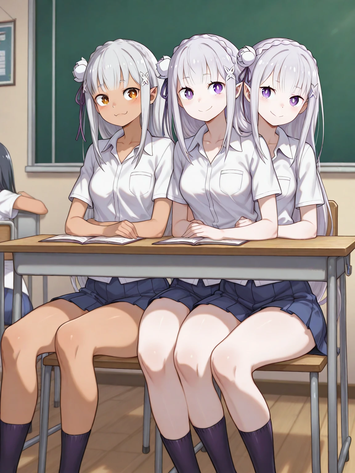 (masterpiece:1.2, best quality), (highly detailed:1.3), school locker room, multiple girls, 5girls, five girls, , long legs, (white panties and bra), posing for camera, smile, sneakers, (changing clothes), chatting, talking, bright, warm, seductive posture,NSFW,HUGE breasts,Changing clothes