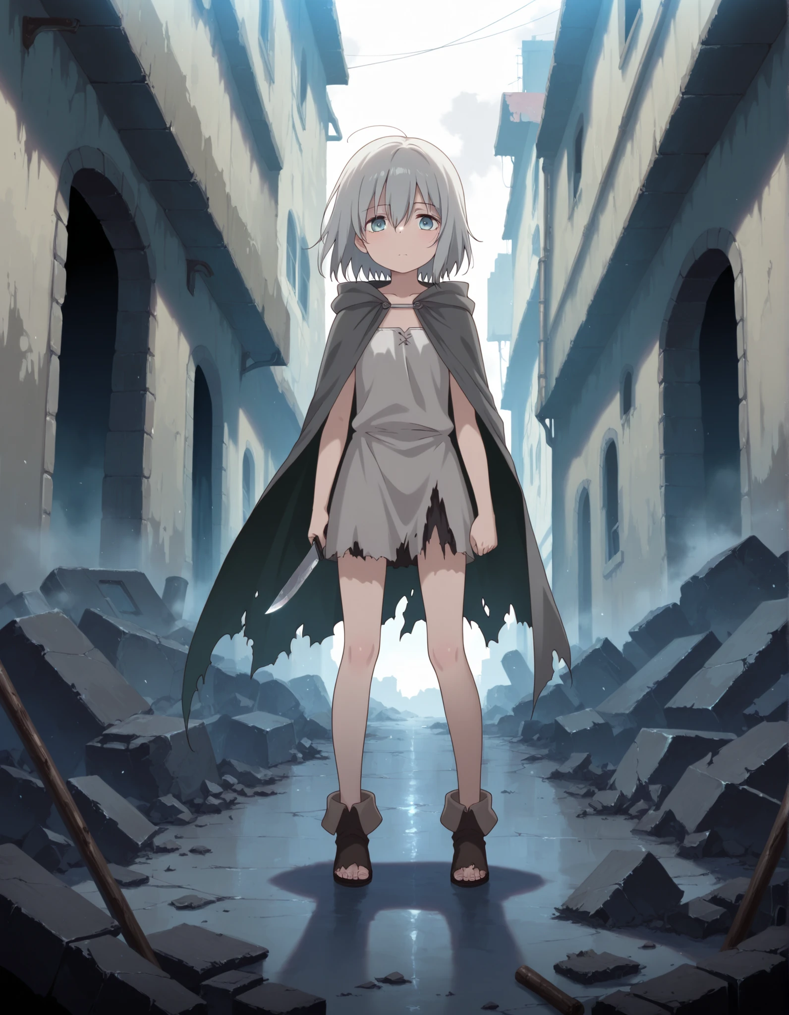 A girl in a gray, worn, torn cape holds a knife in her hand, with a ruined city in the background,
(skinny and frail:0.7),
torn cloak, torn clothes, torn dress,
(petite:0.5),
torn footwear,
masterpiece,best quality,amazing quality,
general,