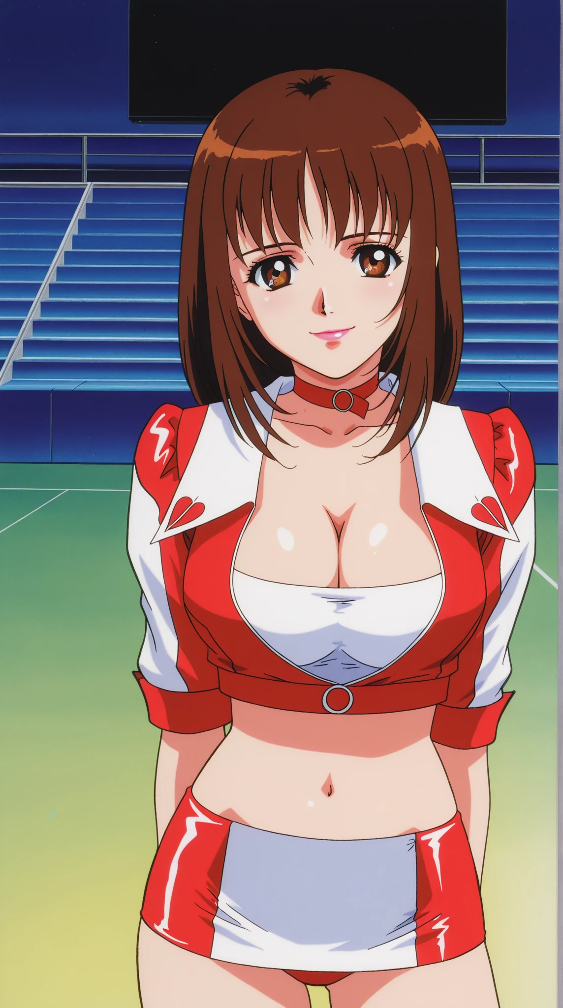 score_9, score_8_up, source_anime Bibl3, sports girl, tomboy, tanned skin, brown hair, short hair, huge breasts, wide hips, viewed from front, smiling, sweaty, open mouth, woman waving, expressive eyes, school gym uniform, shorts, athletic girl, full lips, vivid lips, detailed eyes, detailed face, pretty girl, sports field in background, morning