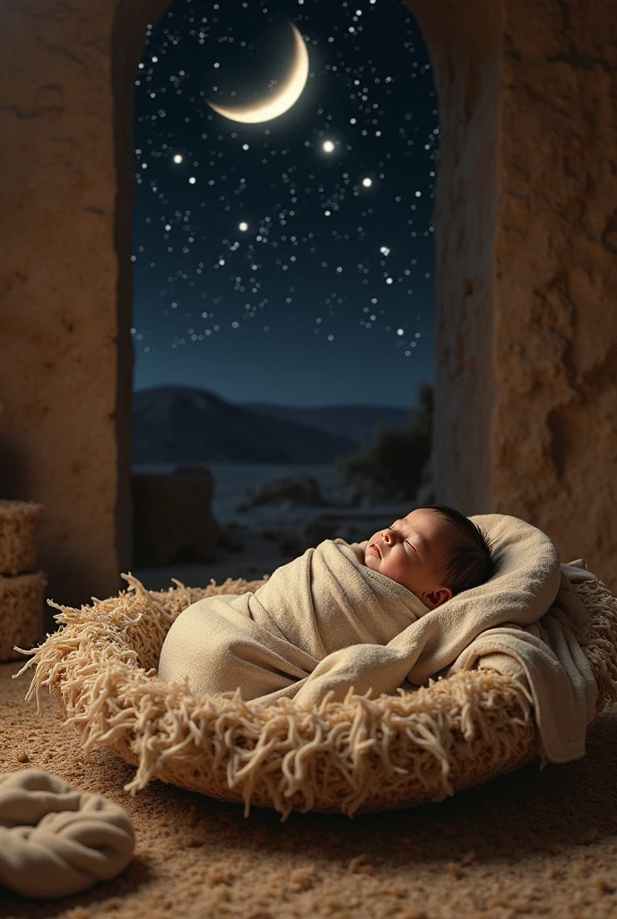 A newborn baby wrapped in swaddling clothes, surrounded by a humble setting in Bethlehem, Middle Eastern desert region, ancient Jewish village under Roman rule, star shining brightly in the sky, three wise men in the background approaching with gifts, nighttime, hyper-realistic, photo realism, cinematography -- ar 16:9