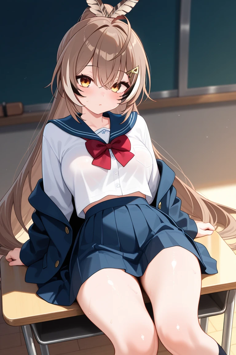One cute girl Evening Classroom In uniform Fair skin Light brown hair Medium long hair Skirt type uniform The underwear is white Pushing down her underwear I can see under my pants Bend your knees and spread your legs super high quality