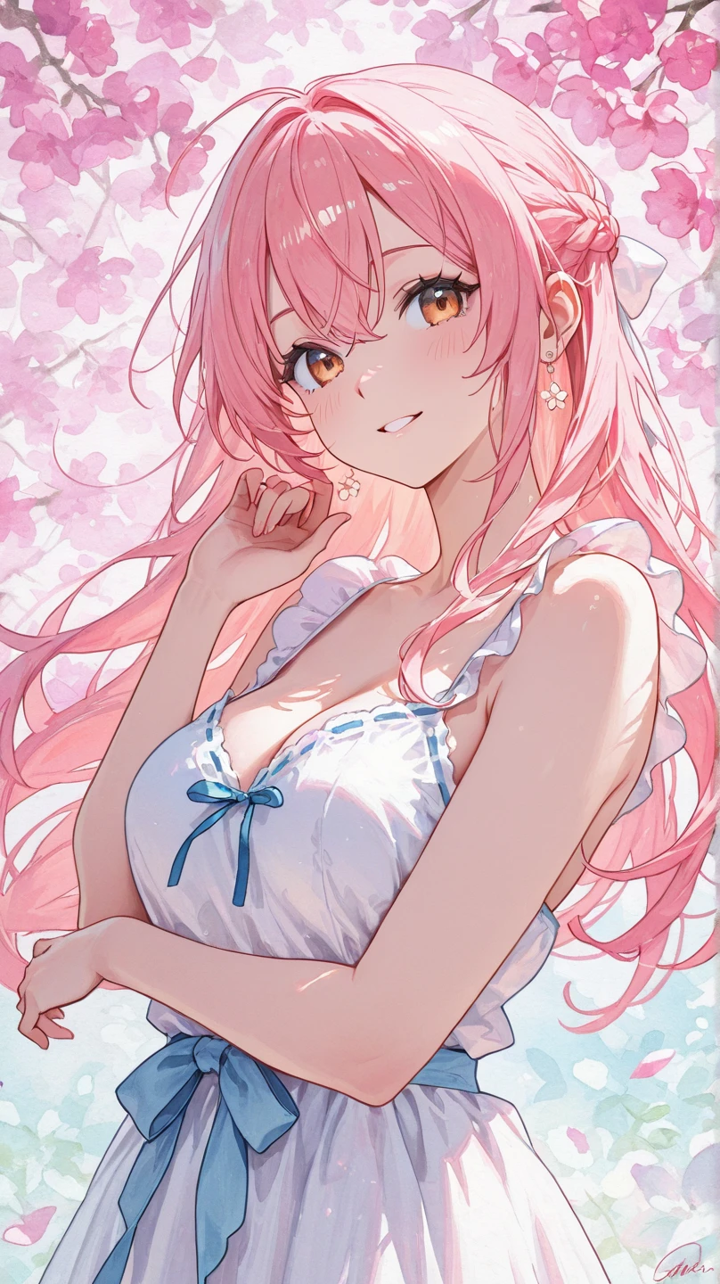 1_girl, (anime, kawai:2), (masterpeice, best_quality, clean:1.5), (sky_background:1.2), (cute, cute_smile, young:1.5), (delicate, beautiful, thin:1.5), (girlfriend, angel:1.8), (green_eyes, simple_eyes:1.5) (long_hair, blond_hair, wearing_pink_dress, pink_angel_wings, sexy_gloves:1.5), extremely_delicate, (love_magic:1.5), (age_size_fits_body), (small_thighs:1.3), (breasts), (eye_level:1.3), (heart_magic, love:1.5), (bikini:1.5), (folded_legs:1.5)