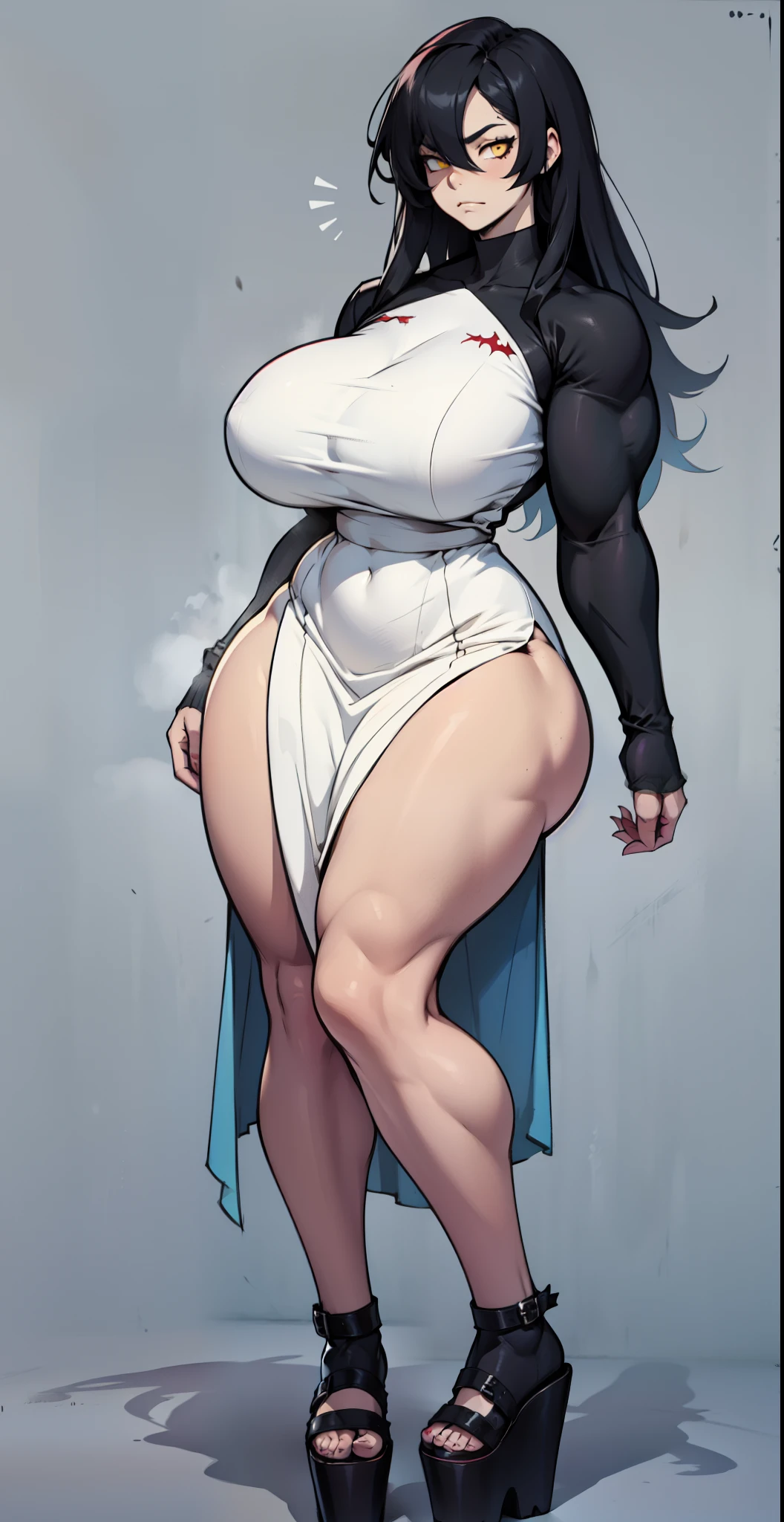 (masterpiece), best quality, female warrior, huge girl, female muscular:1.2, long hair:0.5, (silver hair), big breast, (curvy:1.7), (((blank background))), ((full body)), fingerless gloves, sandals, sleeveless, covered nipples, detailed dress, ((camel toe)), corset, bare legs , ((showing armpits))