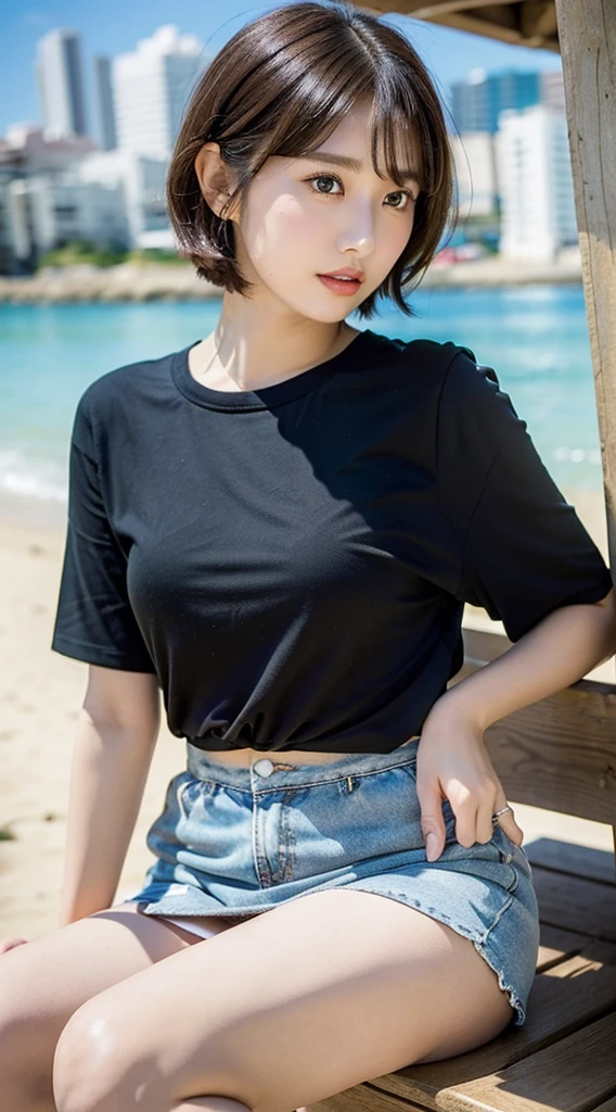 a beautiful black woman with long braided hair, hazel colored eyes, looking at viewer, smile with teeth, wearing a red shirt and black hot pants with a black necklace, gazing softly at the viewer, standing on a beautiful beach background, (best quality,4k,8k,highres,masterpiece:1.2),ultra-detailed,(realistic,photorealistic,photo-realistic:1.37),natta,HDR,UHD,studio lighting,ultra-fine painting,sharp focus,physically-based rendering,extreme detail description,professional,vivid colors,bokeh