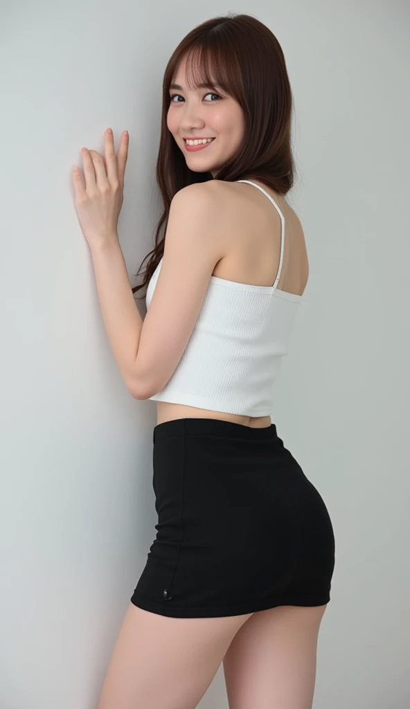 vivid,Normal chest,((between legs)),cute,(Detailed face),Long cloth,Sharp Eyes,Turtleneck sleeveless sporty lightweight grey fabric,Ultra-high resolution,(Photorealistic:1.7),Black bob hair,Gray background,
