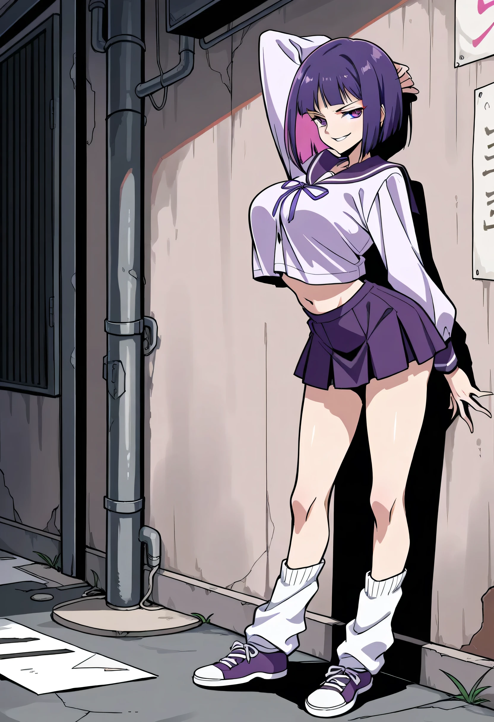 score_9, score_8_up, score_7_up, 1girl, mature, solo, smirk, bob cut , bangs , straight hair, purple hair , pink highlights inner , purple eyes, purple sailor school uniform, navel , short skirt, long legs , big breast , arched back , hand behind head , loose socks, casual stance , shoes , lean against wall , alley background , full body,
v3r1d1an,