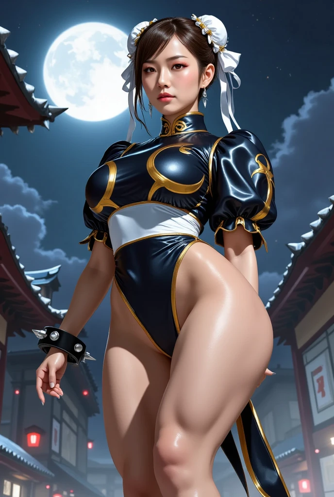 (Create a hyper-realistic masterpiece of sexy Chun-Li, the iconic character from the sixth Street Fighter game). Capture your dynamic fighting stance and powerful kicks with exquisite details, flexible body. (sexy outfit, erotic costume, marked pussy, pussy showing), ((perfect breasts, sagging natural breasts, impressive cleavage, open neckline to the abdomen, beautiful breasts popping out of the cleavage, close-up on her impressive cleavage, wide nipples , full, pointy)), chun-li hot erotica, paint on the face, realistic skin. The image must be in high definition (hard drive) and rendered in stunning 16K resolution, showing all the intricate features and textures. (Pay close attention to the fine details of Chun-Li's costume, including her traditional blue qipao micro dress with gold details, unique ox horn hairstyle), very detailed sexy outfit with gold strokes, hair accessories, in character. Dark environment, Use dramatic lighting to increase the intensity of the scene, emphasizing your strength and determination. This photographic request aims to immortalize Chun-Li as a true work of art, showing her beauty, her toned and hot body, grace and prowess in martial arts. Pornographic images