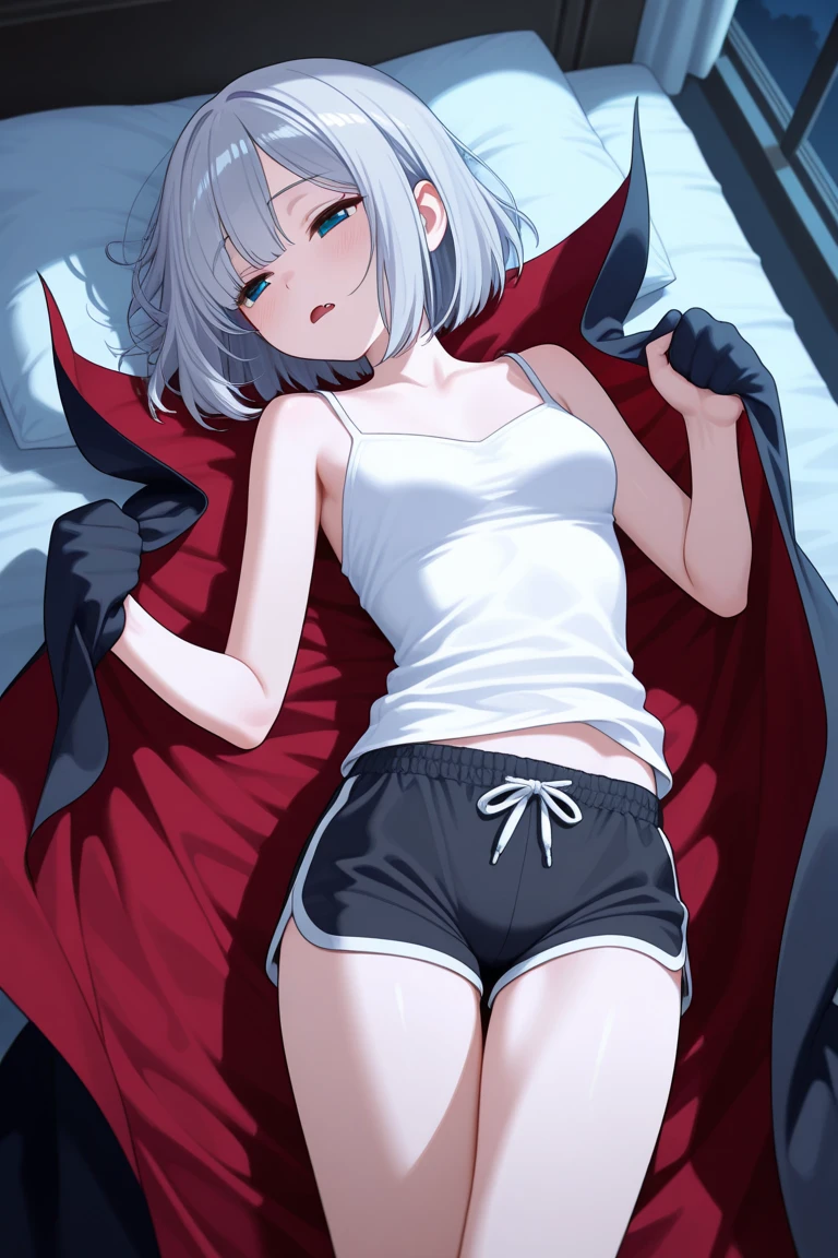 (white short hair)(red eyes)(sitting)(whole body)(Wear casual clothes)(sleeping)4K