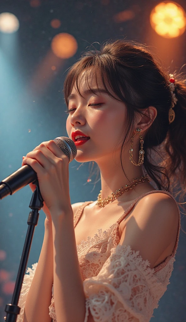 Best Quality, Masterpiece, Ultra High Resolution, (Realistic: 1.4), Original Photo, Head Photo, Skin, Simple Background, Black Eyes, Detail, Selfie, 1 Girl, Breeze, night, on stage live comcert, sing a song with microphone.