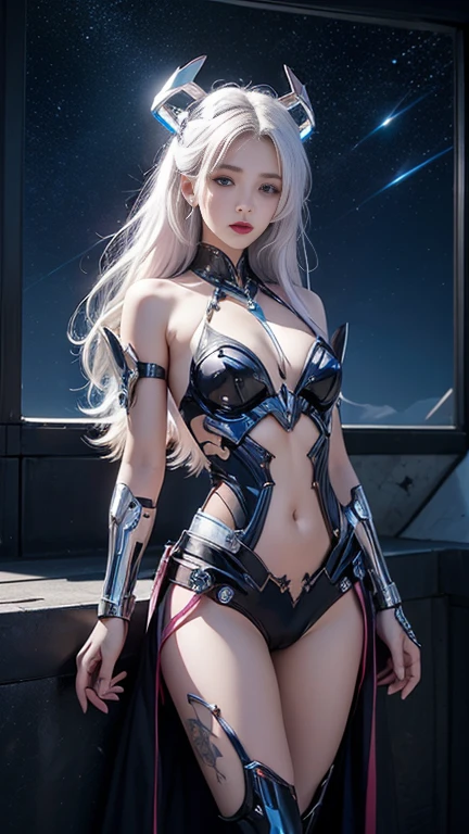Beautiful face,face is Japan, 1 woman, , Curvaceous, (8K, RAW photo, Best quality, Masterpiece: 1.2), (hdr, Realistic, Photorealistic: 1.37) (Blood vessel attached to tube), (Bikini Cyborg Robot Parts)))), (light grey hair), Long hair, Wavy hair, double tails, Medium shot, ( Seductive smile)), (Black eyes), Princess cut,From below,(Whole body),posing on a,,inside the lab,( blood vessels attached to the tube),((Mechanical vertebrae attached to the back)),((mechanical neck attached to the neck)),(Wire Cable Attached to Head and Body),(Character focus),Science fiction,perfect women figure,Perfect anatomy,ultraanatomy, Full body shot, Crotch opening, , Nippur