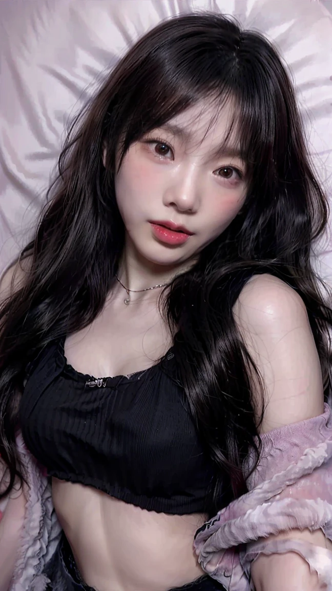Mujer araffada con cabello negro y bralet morado acostada en una cama, bella delfina, pale skin and purple eyes, pelo negro y ojos grandes, ojos dormitorio, con vivos ojos morados, escote, her face looks like an orchid, pale gothic beauty, con pelo largo y ojos penetrantes, amoranto, con ojos morados brillantes