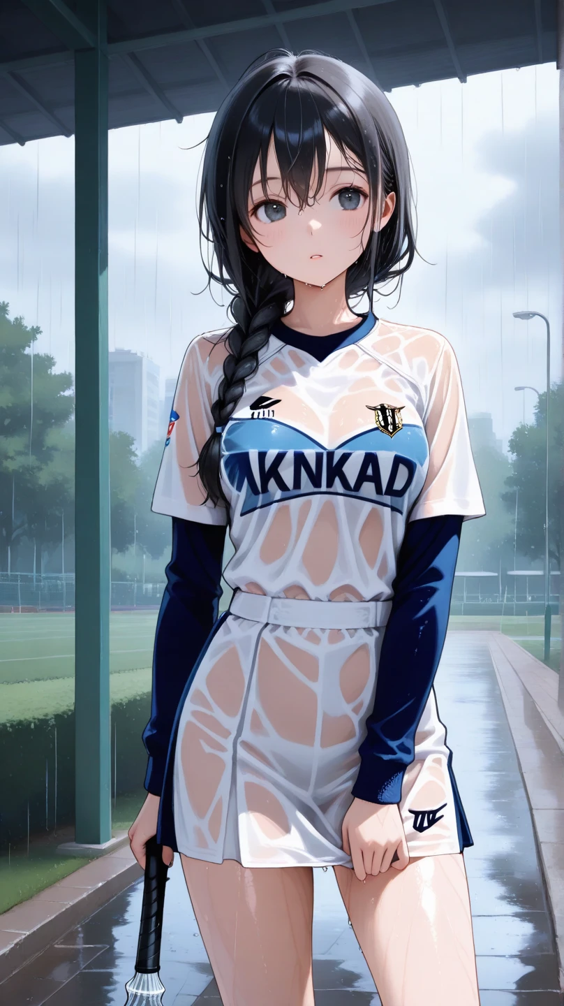 (masterpiece,highest quality,超A high resolution),japanese woman, (((very beautiful 12 year old girl))), pretty girl、look at the photographer、Front view, ((short hair)), super cute face, glossy lips, double eyelids in both eyes,natural smile、 natural makeup, long eyelashes, Shiny and smooth hair、center image, perfect limbs, perfect anatomy,(((soccer uniform)))、((())),(((wet with sweat))),You can see the bra from the side of the uniform,