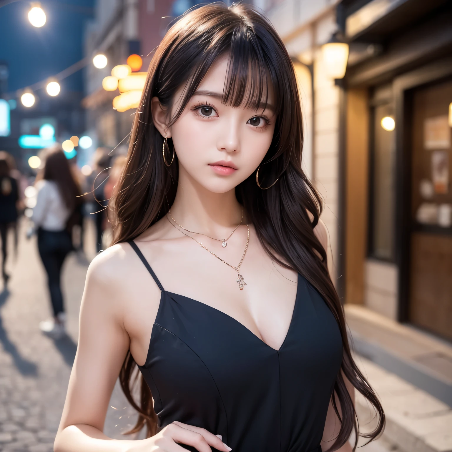 highest quality、Natural Lip、Fair skin、Great light、Beautiful lighting、((Black Hair))、((Straight Hair))、Blunt bangs、Off the shoulder、Cleavage、Crop top、mini skirt、Gorgeous Accessories、Harajuku、smile、かわいいsmile、Crowds in the city