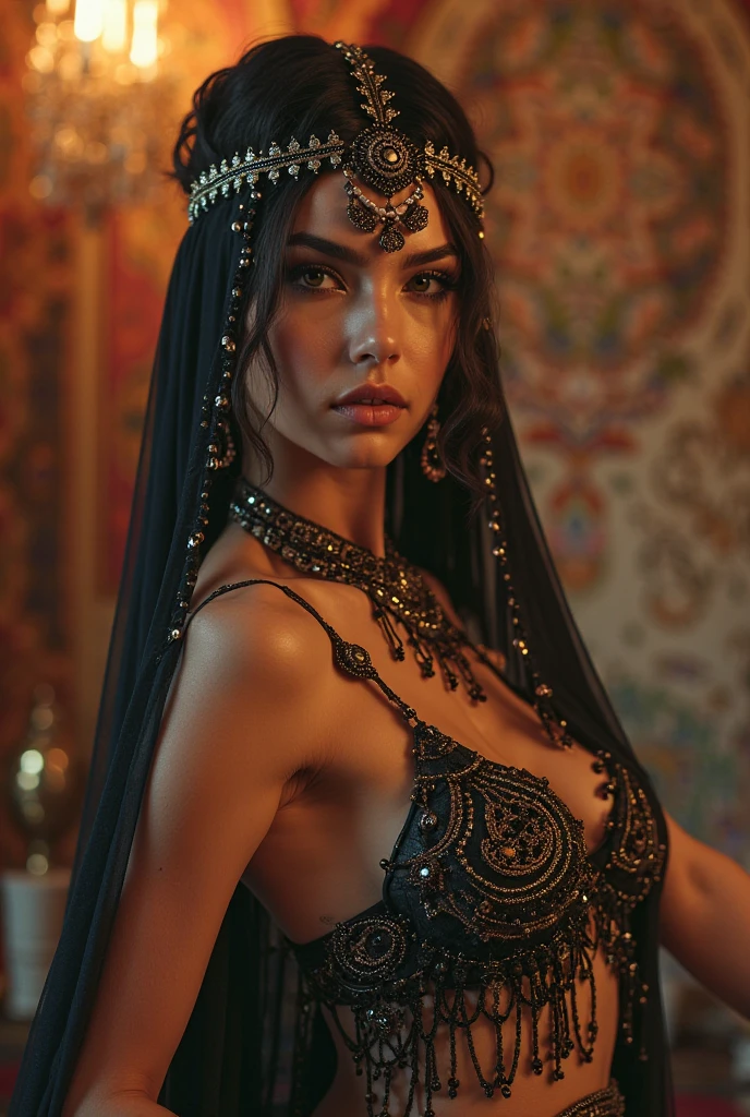 Realistic, (masterpiece:1.4, best quality), (intricate details), unity 8k wallpaper, ultra detailed, (pastel colors:1.3), (hijab, bride ) underwear and corset, beautiful and aesthetic, 1girl, detailed, solo, Victorian mansion, black   hair, red tits, pinkcunt, half naked, sleeveless, no bra, seductive, realistic, Egyptian,lady, brown honey eyes, under under wear realistic organ of man, cock, soft tits, belly soft, Big tits, 