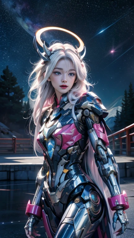 translucent latex armor、blonde twintails、Joy、Thigh body shot、dynamic action pose、Dynamic side angles、background：Andromeda Galaxy、Cosmic Wind 、symphonies、aiai-G&A