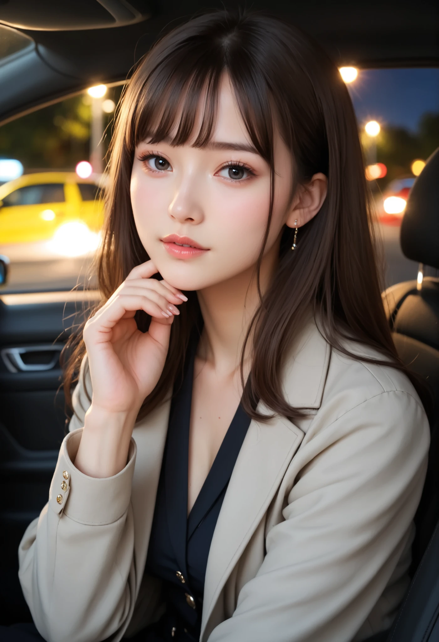 (masterpiece, best quality, perfect face:1.4), wide angle, Close-up face, medium breasts, proportional body, proportional,1 girl, beautiful hair, beautiful face, beautiful detailed eyes, beautiful clavicle, beautiful body, beautiful chest, beautiful thigh, beautiful legs, beautiful fingers, looking at viewer, BREAK, sitting, from side, (sitting on car seat), (black trench coat) over business suit, /(gray brown hair/) bangs, (staring into the distance), (light smile:0.4), (facing away), large breasts BREAK  (quiet residential street) outdoors, (in car), night, (parked car), detailed background, textured skin, realistic skin, HDR, BREAK, good hands