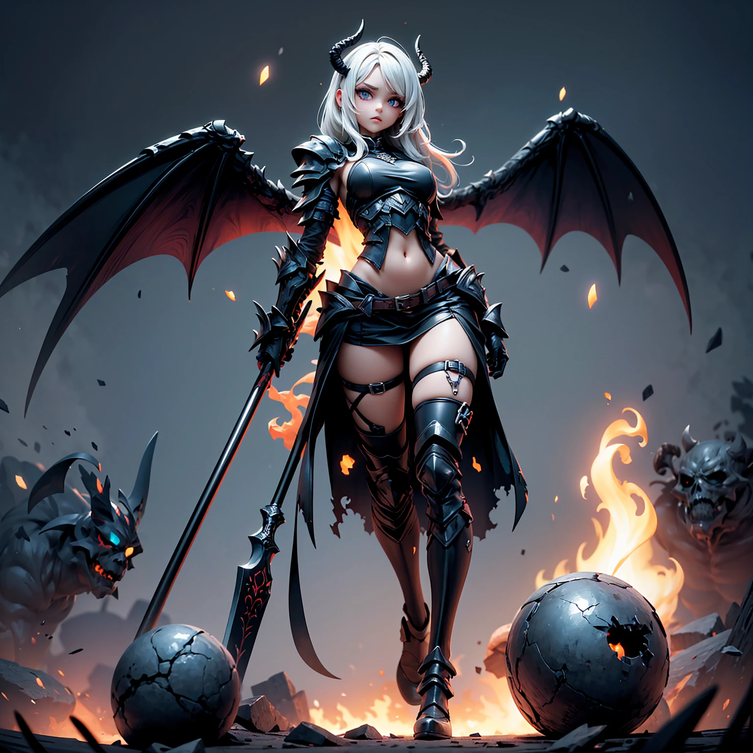 fantasy art, RPG art, masterpiece, a portrait picture o hellish female demon from hell, she has (black horns: 1.2), (black: 1.2) demon wings, (red: 1.3) skin, red lava dripping from her, she wears (white: 1.3) armor, hdsrmr, streams of rolling lava, hell in the background, 3d rendering