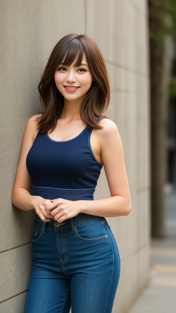 Ala Fed Asian woman in white tank top and jeans poses for photo, cleavage, upper body closeup, wearing white leotard, wearing white camisole, White bra, low-cut top, wearing tight shirt, Tight shirt, White top, decolletage, wearing a low cut tanktop, wearing white v - neck top, Open V chest clothes