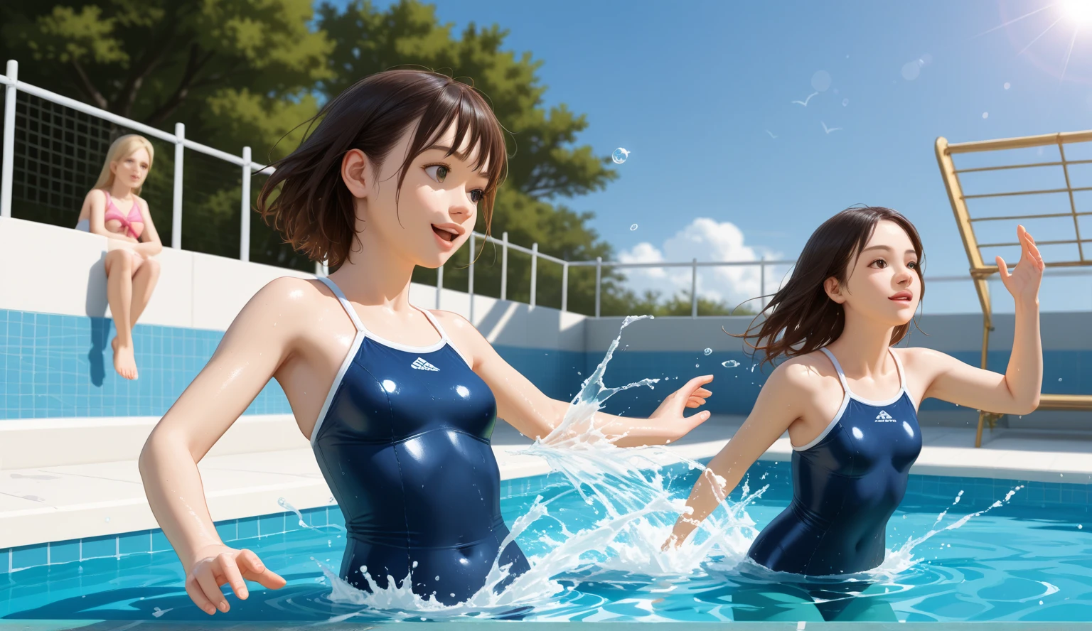 Highest quality,Highest Resolution,Several beautiful girls in brightly colored leotards and swimsuits with crying faces,Poolside at the competition pool,Very beautiful eyes,(((Drinking a bottle of drink))),Sweat profusely,Tears,(((Open your mouth wide and drool)))whole body,Super High Leg,Standing posture,