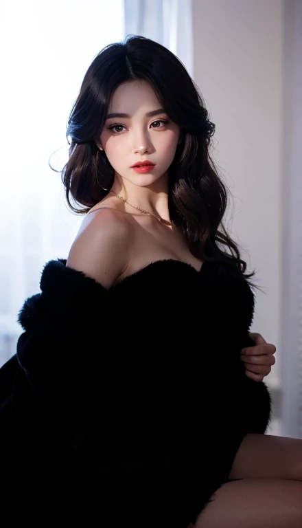 fluffy。fluffyの毛皮。Luxurious black fur。Woman in luxurious dress。Fur Cape。Four women。Watching the audience。Fairytale room。Fluffy carpet。Fisheye Lens