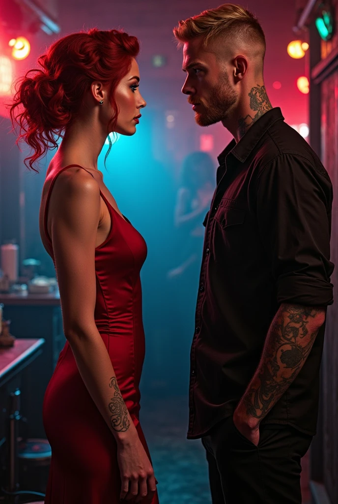Tattooed male model shaved head pointy mustache, soul pach, glasgow smile scars, tall, slim fit, no shirt, black and white stripe suit and female model, dirty red long messy hair, messy, white skin red frecles all over her face, super full red lips, cute wide nose, very small, petit, short, sexy skiny body, black lace bra, black and orange striped shirt, black ripped stockings, black daisy dukes, sharing pink icecream at the haizy psichodelic art galery.