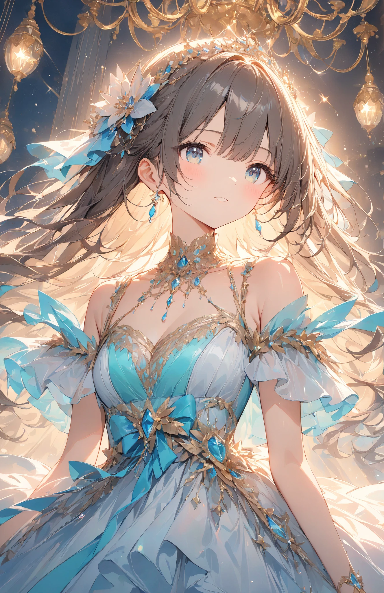 (wide-angle lens), mature woman, 1girl, (masterpiece, best quality, ultra-detailed), sharp focus, detailed face, face focus, extremely detailed eyes, long hair, crown braid, hair over shoulder, gradient hair, brown hair, pink eyes, long eyelashes, (blush, small smile), delicate makeup, big breasts, bare shoulders, small cleavage, tiara, ((colors of clothing: fluffy layered ball gown that is blue, white, with lots of frills)), ((lots of flowers, blue particles surrounds, floating islands in distance, floating heavenly pillars with engraved runes on sides, breeze)), cinematic lighting, rim lightning, ray tracing, shadowing, dynamic angle
