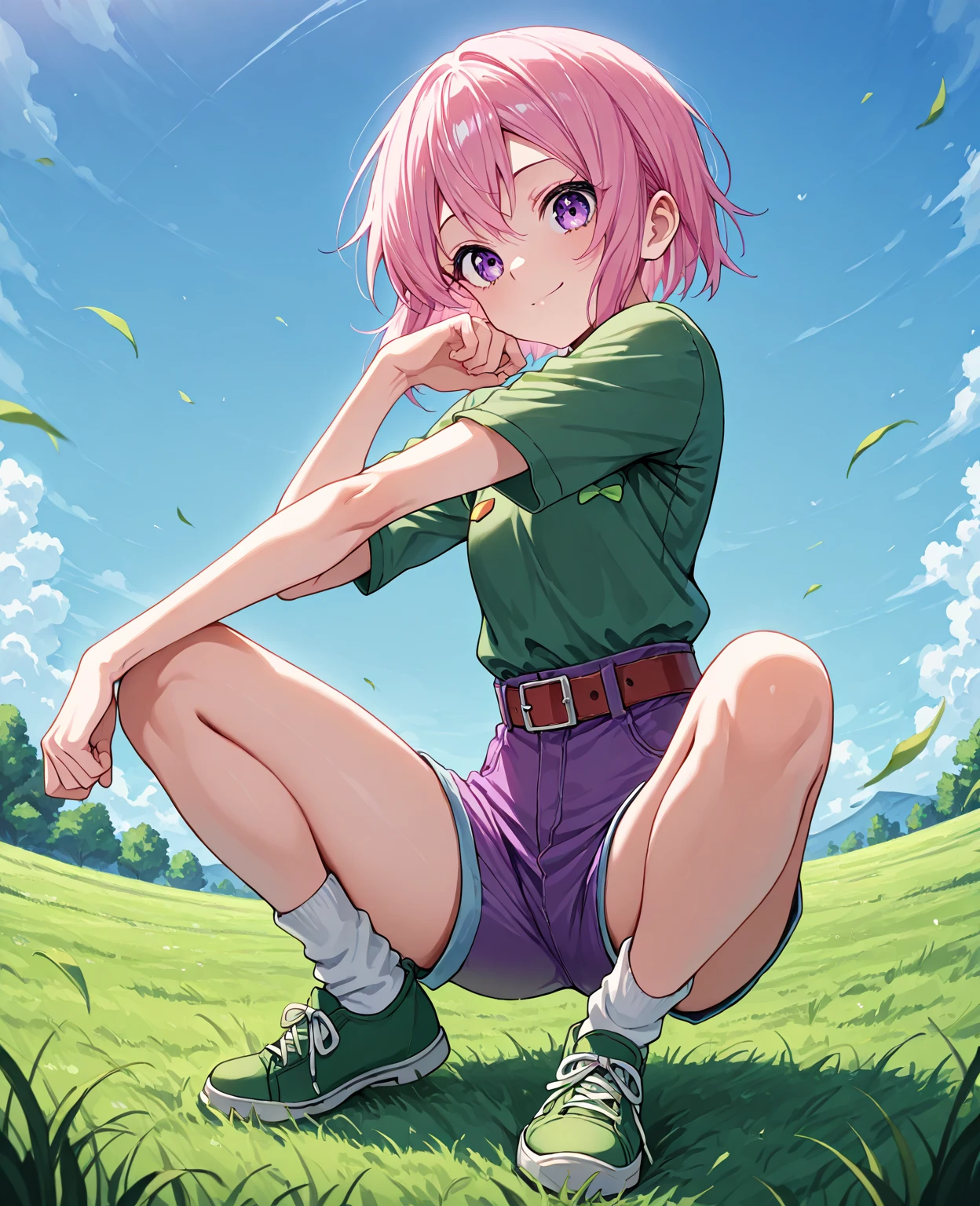 best quality, 1girl, sayori, portrait, solo, (light blush:0.5), (blush:0.2), short hair, pink hair, blue eyes, (small breasts:1.2), smile, (petite:0.5), 14 years old, (loli:1.7), sketch, (pink t-shirt:1.5), no bra, hair bow, red bow, (blue skirt:1.3), (nipple outline:0.9), (covered nipples:1.6), sunlight, sun beams, sitting on grass, sitting down, park, surrounded by flowers, (evening setting), sweet expression, (sfw:0.7), (ecchi:1.2), happy, (white panties:1.4)