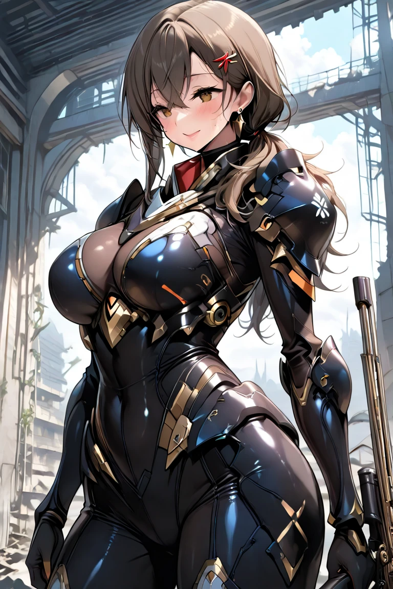 Gray translucent armor，Arm mecha，blonde short hair，Long ponytail hairstyle，Large Breasts，Cleavage，Pistol hanging from waist，fighter pilot，fighter hangar，sexly，Lipstick，miss，Golden Eyes，stockings，Short skirt，Smile，red glasses，Nipple showing，earrings