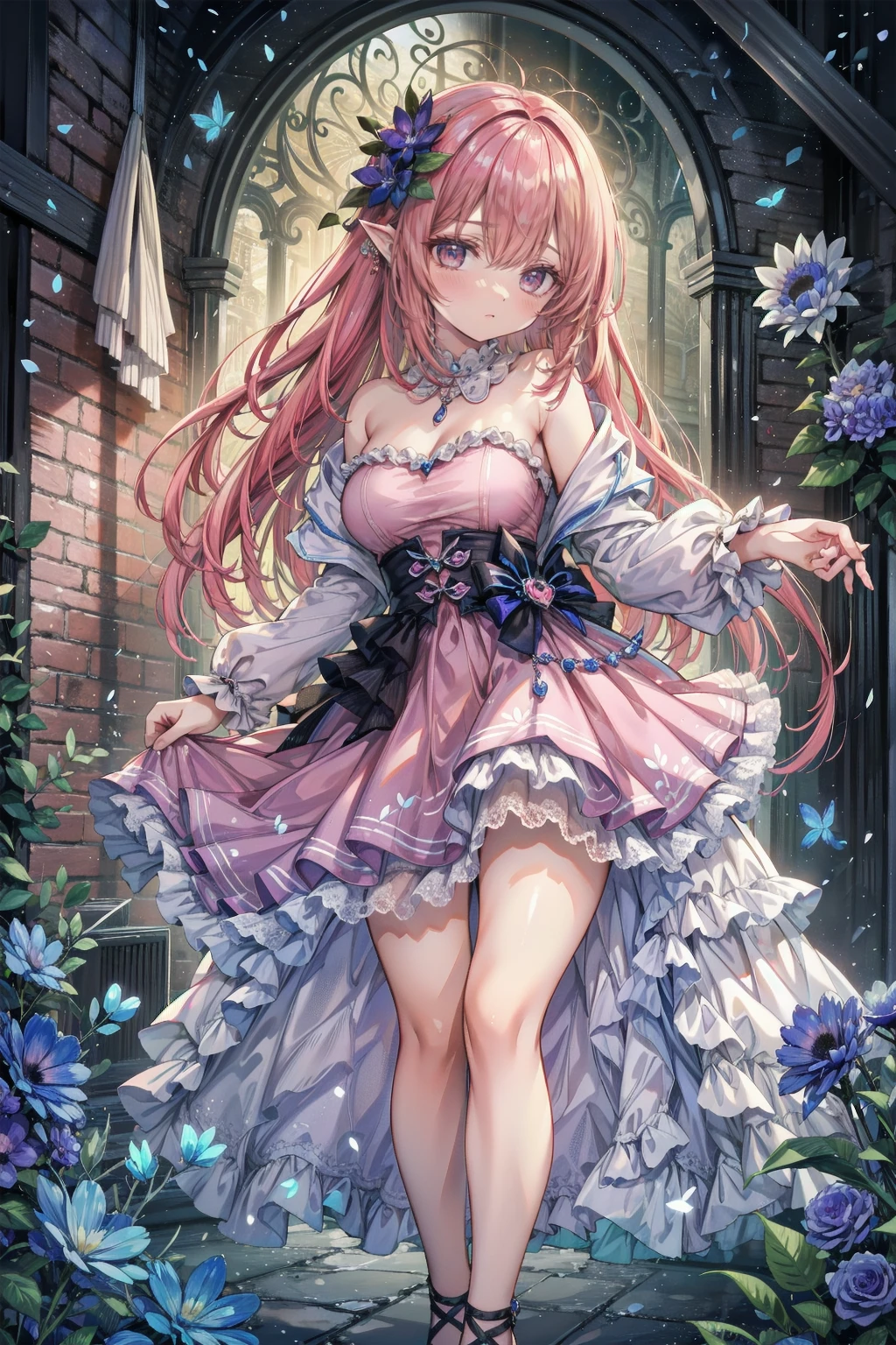 (((masterpiece))), (((best quality))), (((ultra detailed))), ((an extremely delicate and beautiful)), (unity 16k wallpaper), (Moe anime art style:1.3),
BREAK
(((solo princess young face))), (18 years old), (huge breasts cleavage focus), sweat on the chest,
BREAK
(ponytail pink fluffy hair:1.5), Curly Hair, (Expressive hair), (very voluminous long hair), Spreading hair, bangs, Beautiful tiara silver and Jewels, princess vail, ,,,,,,,,,,,,,,,,,,,,,,,,,,,,,,,,,,,,,,,,,,,,,,,,,,,,,,,,,,,,,,,,,,,,,,,,,,,,,,,,,,,,,,,,,,,,,,,,,,,,,,,,,,,,
BREAK
(super delicate and beautiful face:1.3), ((hyper detail delicate beautiful)), ((beautiful lips)), (face focus:1.1), beautiful smile,,,,,,,,,,,,,,,,,,,,,,,,,,,,,,,,,,,,,,,,,,,,,,,,,,,,,,,,,,,,,,,,,,,,,,,,,,,,
BREAK
((Luxurious Rococo English gown dress in dark blue velvet:1.3)), ((with long hem and voluminous hoop skirt at full length)), ((and over skirt with plenty of frills and luxurious embroidery and precision lace fabric)), A gorgeous Rococo Marie Antoinette English gown dress with a long hem and voluminous full-length hoop skirt and over skirt with plenty of frills and luxurious embroidery and precision lace fabric,
BREAK
((full body)), (dynamic pose:1.1), (dutch angle, from front), (depth of field:1.9), (blurry background:1.2), (backlighting:1.3), (nature:1.3), (walking on water in forest), (light sparkles), light rays, (light leaks:1.3),