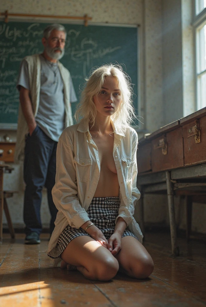 beautiful teenager, big-ass, camera behind her, She is wearing an oversized shirt and it makes her shirt cover her jeans a little bit., wearing white jeans, seated in a chair, slightly curly blonde hair, in a classroom environment, her ass showing through the hole in the back of the chair,