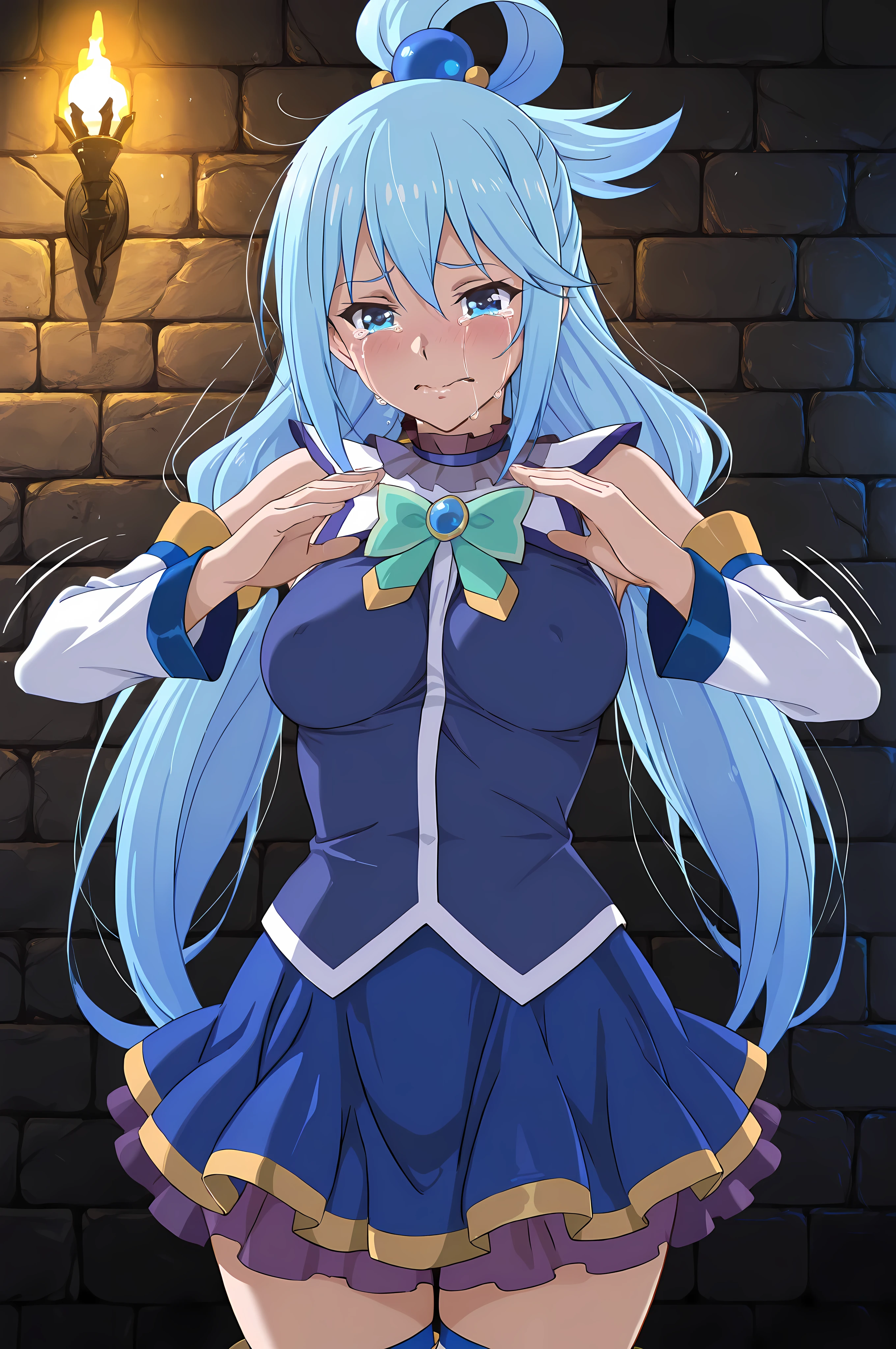 masterpiece, best quality, Aqua (KonoSuba), 1girl, solo, classic outfit, blue hair, long hair, twintails, blue eyes, crying, tears streaming down, frustrated expression, dramatic anime style, fantasy setting, inside dungeon, dim lighting, stone walls, magical atmosphere, emotional, arms flailing, detailed background