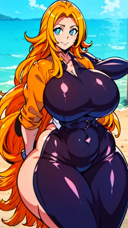 kamimura maika, purple eyes, orange hair, long hair, very long hair, blunt bangs, ponytail, hair bun, single hair bun, , BREAK, absurdres, (intricate details), (colorful), 1girl, 1boy, hetero, arms, huge penis, (ass up, bend down), full body, nipples, areolae, black high leg thong, exhausted, completely nude, nude, uncensored, heavy breathing, seductive face, light smile, horny face, Beautiful body, navel, gigantic breasts, blowjob, boob job, blow job, fellatio, paizuri, ass, wide hips, shiny skin, looking at viewer, milf, mature female, open mouth, outdoor, beach, day, (masterpiece, best quality),
