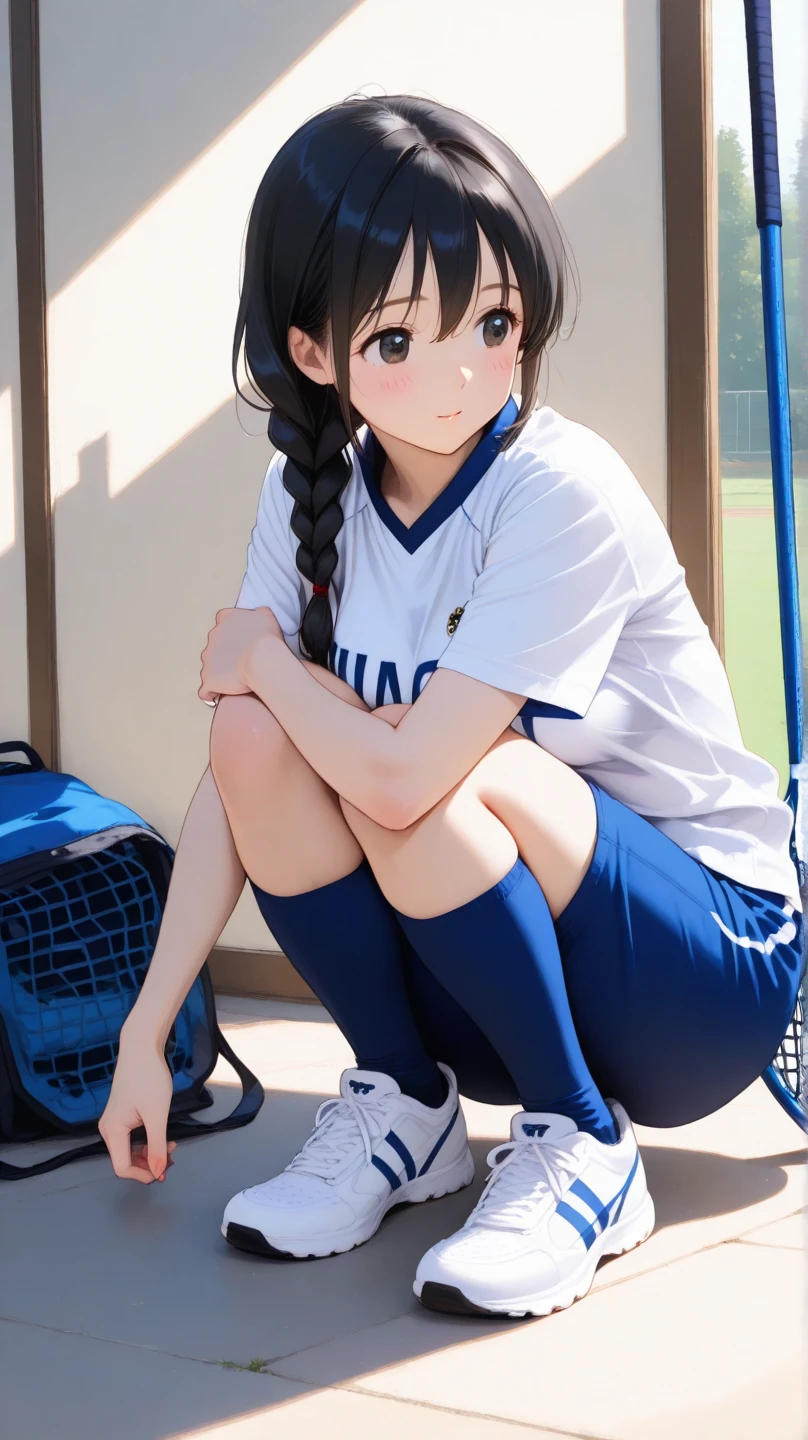 Wearing a soccer uniform with embroidered logo and Adidas logo print、middle School girls、Sweaty and looking happy、Her nipples are visible and protruding、very small breastasturbating