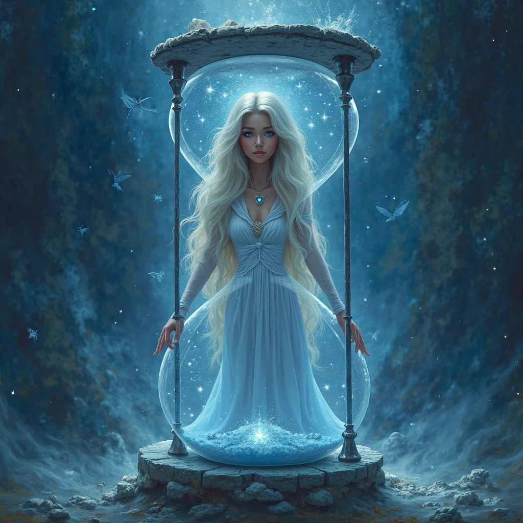 A woman with long white hair,she will be wearing a white dress,I want her to be a goddess and she will hold an hourglass in one hand and a silver key in the other hand.,I want the background to be something that reminds me of time and the concept of the hourglass.,I want something iconic and it would be with a tear on her face