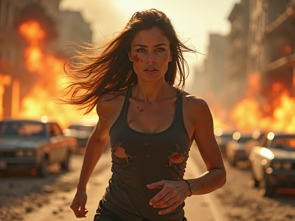 Create an image of a beautiful woman running away from a middle-aged male zombie in the city at night.