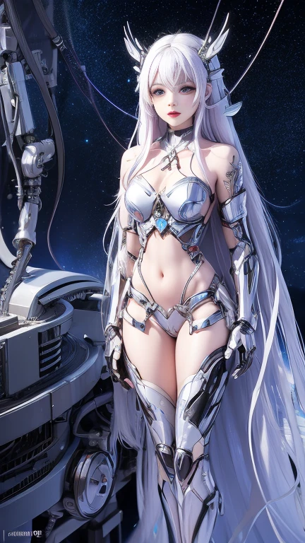((Masterpiece)), best quality, absurderes, ultra detailed, holographic, cowboy shot, dynamic pose, golden ratio, super cute girl, mature girl, extremely beautiful, super beautiful Asian girl with super beautiful violet eyes, super beautiful white hair, shiny skin, high ponytail, nice and sexy body, slim and delicate body, perfect body, wearing a super tight white leotard, a neon cat diadem, being photographed in an alien spaceship