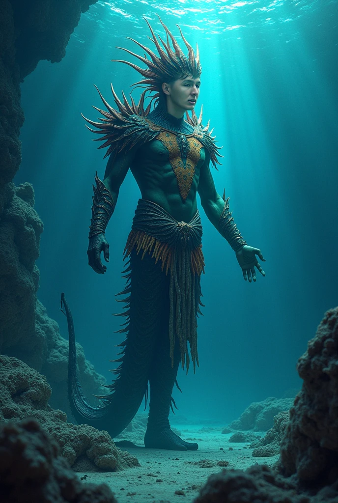 Give me a photorealistic image of a merman. He has a light skin, jet black hair. ravenous black eyes. His features should resemble a man's and he is muscular and massive. The whites of his eyes are black, but they are just distinguishable from the jet-black irises. He must be shown floating in a dark sea cave with green crystals growing on the rock around him. He must be smiling showujg his sharp teeth. He is handsome yet horrifying. Smile, Jewelry, Fang, Best Quality, HD, underwater, mermaid tail with black scales, his skin is dark all over and tail is black. He is a Black man. 
Black skin 
He is black , african man, dreadlocks 