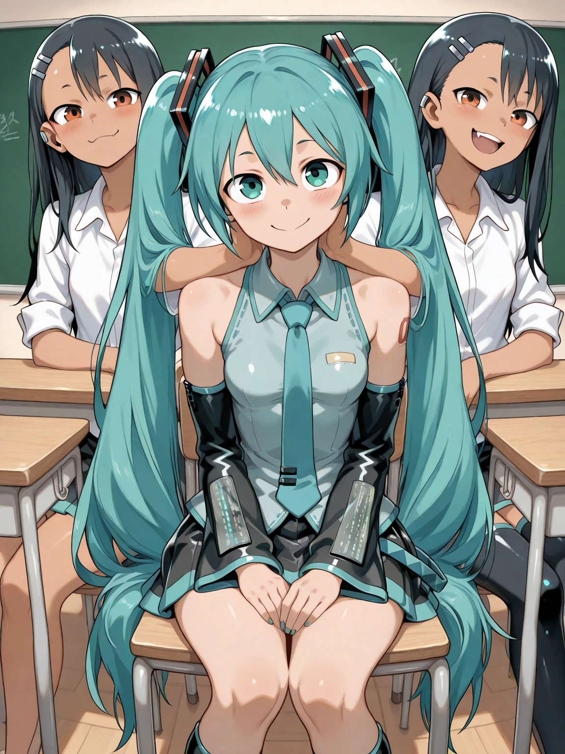 (masterpiece, best quality:1.2), (1girl:1.12), Hatsune Miku, twintales, very long hair, thoughtful, necktie, skirt, detached sleeves, cute, looking away, sitting, indoors, library, day, (blush:1.06), (half-closed eyes, smirk:1.06), solo, blue hair, imaginative
