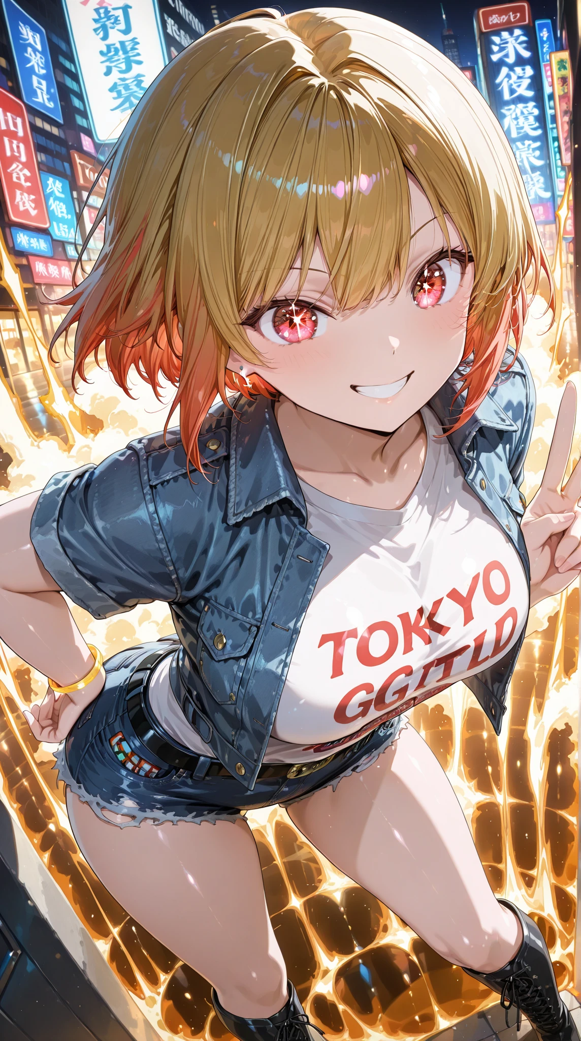 masterpiece, best quality, (1girl, solo),
patoranran, 1girl, solo, fingerless gloves, blonde hair, hat, gloves, green eyes, breasts, open mouth, cleavage, smile, short hair, large breasts, chain, shorts, :d, denim, looking at viewer, blush, tank top, hairband, shirt, ribbon
<lora:PatoRanran:0.65>
(((((city))))),
( cowboy shot, dynamic pose, looking at viewer ),