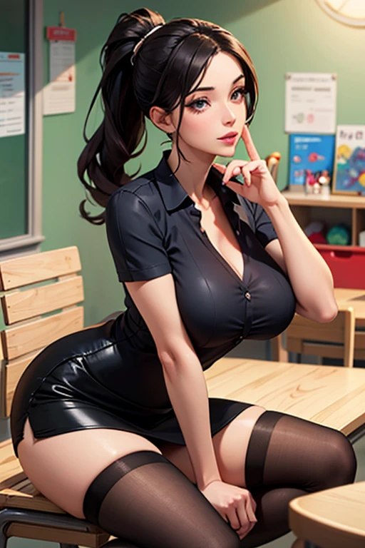 realistic , (masterpiece, best quality),(solo) ,(Milf), Linda Cardellini as Velma in Scooby-Doo, tight tubetop, [brown|purple|black hair], long hair, hair bow, hair ribbon, ponytail, makeup, blue eyes, ,choker, blue suit, pencil skirt, black thighhighs, high heels, school, classroom, blackboard,
