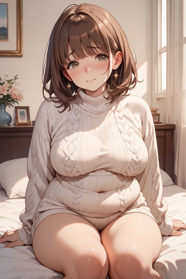 (((High quality))), 1girl, solo, large breasts, thick thighs, chubby belly, smile, brown hair, brown eyes, black top, black shorts, rubbing belly, seductive