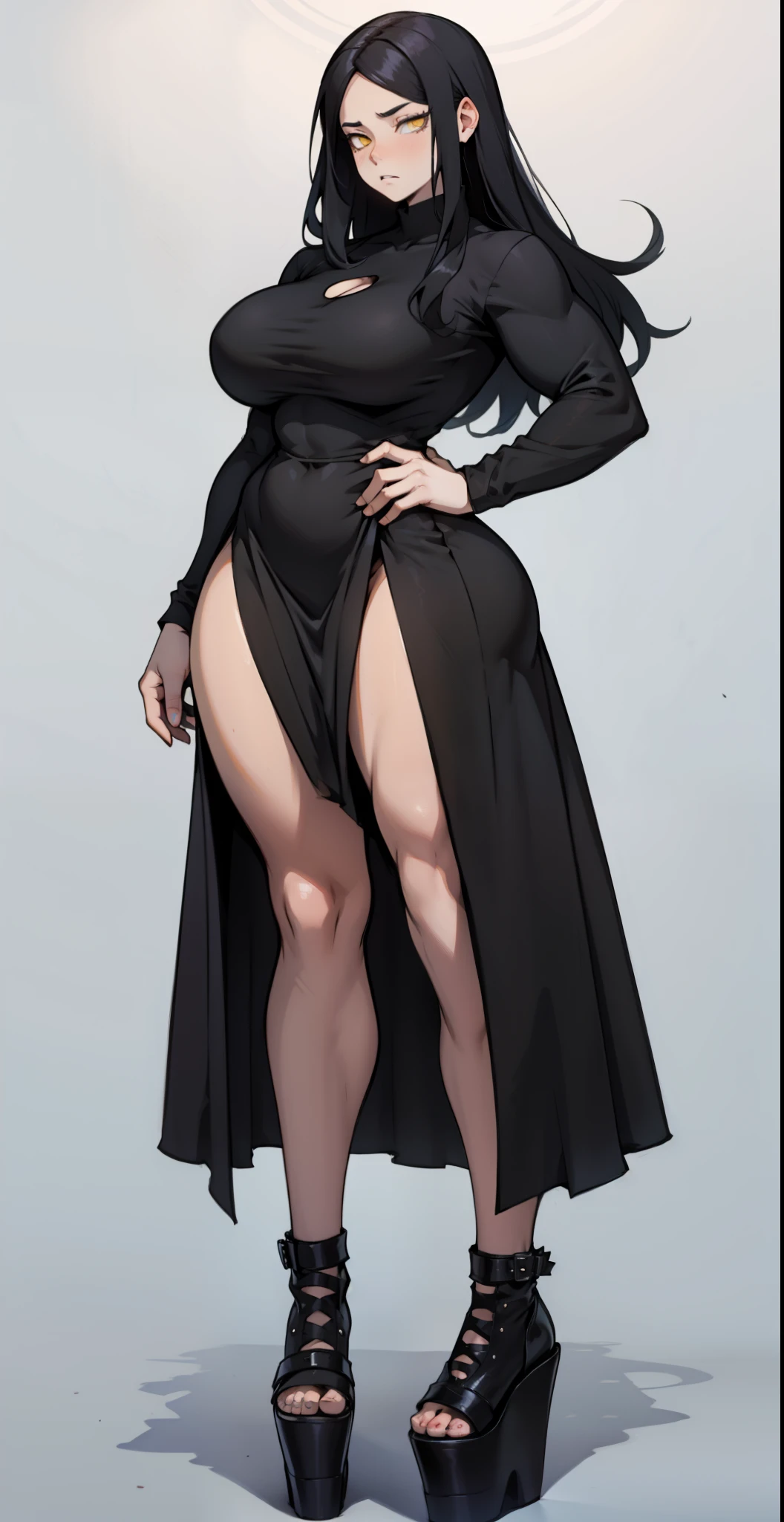 (masterpiece), best quality, expressive eyes, perfect face, vampire girl, huge girl, female muscular:1.2, big breast:1, (underboob), (curvy:1.7) , (straight hair:1.8), ((blank background)), ((full body)), wide hips:1.7, thick thighs:1.3, (long legs:1.4), amazon body, toeless boots, ((pale skin)) , red eyes, black hair, (long fangs) , long gray dress, long sleeves, loose sleeves, covered nipples