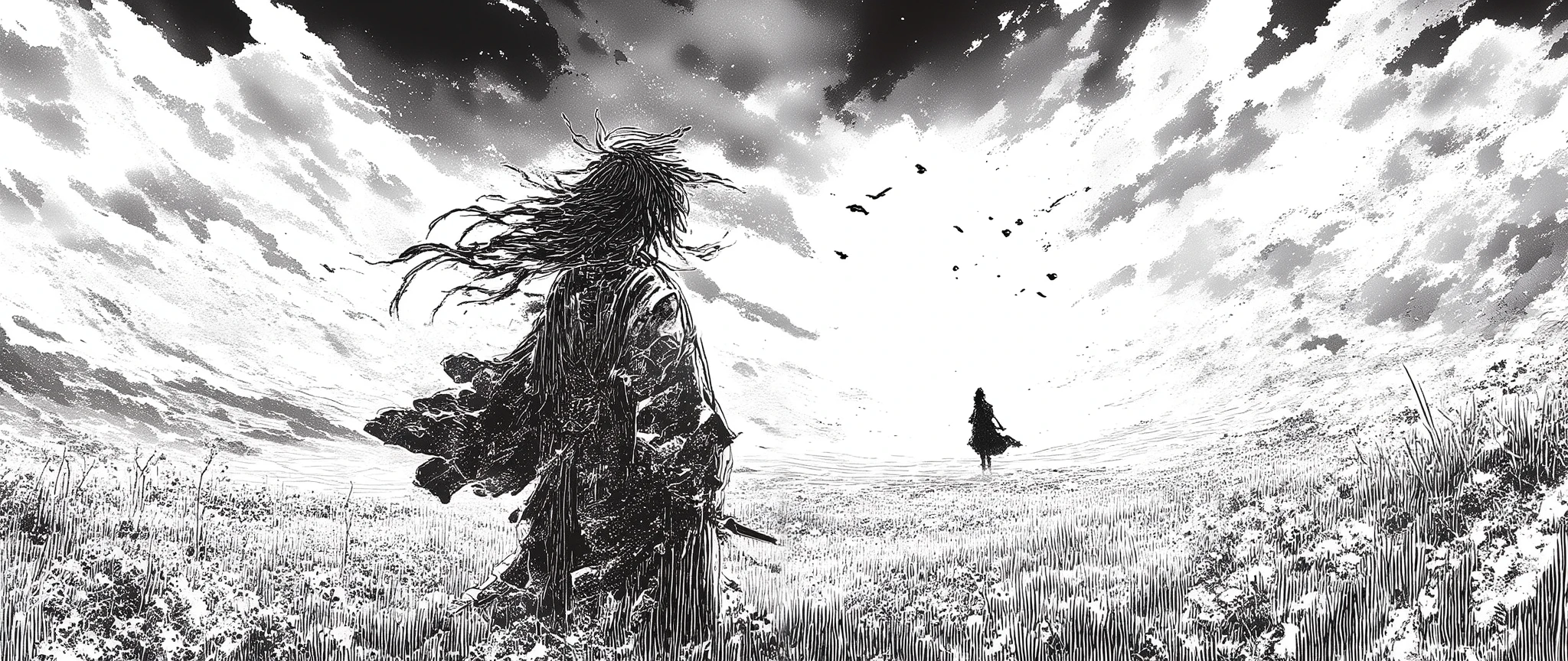 A hyper-detailed black and white manga panel in the realistic and emotional style of Takehiko Inoue’s Vagabond. The scene must convey deep melancholy and cinematic intensity. In the foreground, the main male character — a samurai — is shown clearly from behind, standing still in a vast field of tall grass and wildflowers. He is facing the far distance, where a tiny black silhouette of a woman stands, creating a powerful sense of emotional separation and regret. His long, thin hair is extremely detailed, with many fine individual strands and locks blown separately by the wind. Every motion of the hair must be realistic and expressive. He wears traditional samurai clothing — a patterned kimono and a hakama — drawn with natural movement, deep folds, and realistic texture. His katana rests sheathed at his side. The woman in the far background must appear very distant, her entire form a small black silhouette, with her long hair and dress also blowing in the wind, giving the impression that she is slowly walking away and cannot be reached. The landscape must emphasize depth and perspective — the ground is not flat, but uneven, slightly hilly, with layers of swaying grass, wildflowers, and long-stemmed flowers to create strong spatial distance. This must give a clear visual feeling of the character watching someone walk far away across a deep field. The sky must be dramatic: not plain white, but filled with a gradient sky resembling a sunset, using tonal shading to suggest fading light — darker at the top, lighter near the horizon. The sky is packed with highly detailed clouds, drawn with expressive texture and depth. A small group of crows, drawn very tiny, flies across the sky, reinforcing scale and solitude. The entire panel must look like a scene from a seinen manga — full of sorrow, silence, and realism. Use rich crosshatching, intense contrast, realistic anatomy, and extreme detail throughout. The tone is deeply melancholic