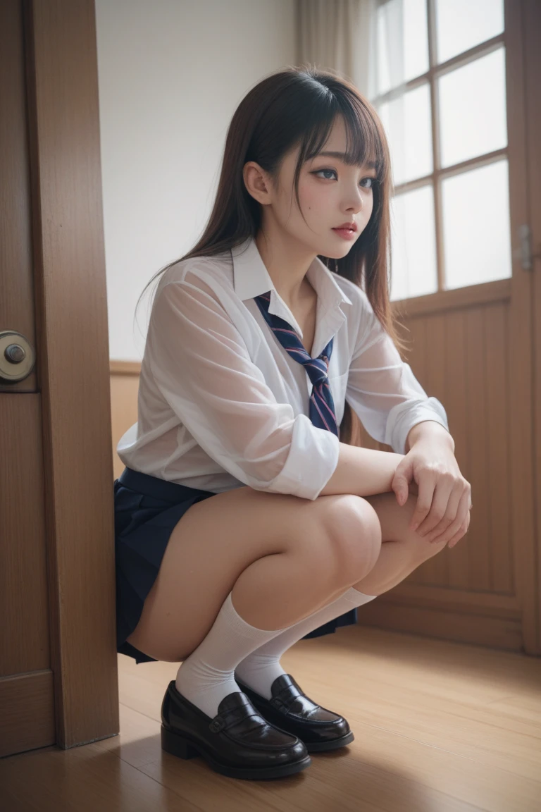 Girl (Masterpiece: 1.4), (8K, Real, Raw Photo, Best Quality: 1.4), Japan Person, (1 Girl), Beautiful Face, (Real Face: 1.4), (Caramel Hair, Long Hair: 1.3), Beautiful Hairstyle, Realistic Eyes, Beautiful Detail Eyes, (Real Skin: 1.3), Beautiful Skin, Attractive, Ultra High Resolution, Ultra Realistic, High Definition, Golden Ratio, (Detailed Face: 1.4), (Anna Tanaka), Schoolgirl Uniform Skirt + White Panties, Sitting on the Stairs, NSFW, ((Bend Knees and Open Legs)), Front
