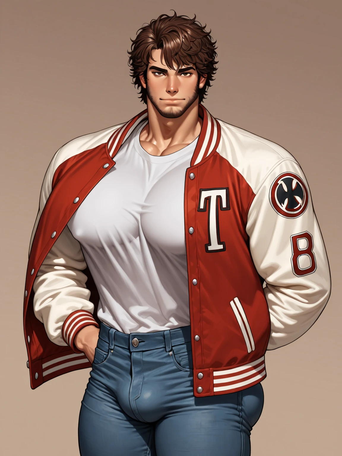 (masterpiece, highest quality, 16kAnime image quality, High resolution, Anime Style, Clean brush strokes, Very detailed, Perfect Anatomy), 1 person, alone,((kenshirou)), Detailed face, Fine grain, Black Hair, Brown eyes, bangs, Visible thick eyebrows、Open your mouth、Angry face, Cowboy Shot, Large pectoral muscles:1.6, (Jeans jacket_Break:0.3、Navy blue、old、With metal shoulder guard), (The Big Dipper's Scar、Vertical、On the chest)、A magnificent cleavage of the pectoral muscles, Great abs: 1.6, Tight waist:1.6, Buttocks:1.5, Amazing muscular legs、(Jeans pants_Break:0.3, Navy blue、old), Wearing old leather shoes、(Are standing、Ready for battle、Lift one leg),Looking at the audience,Desolate wilderness background, alone,