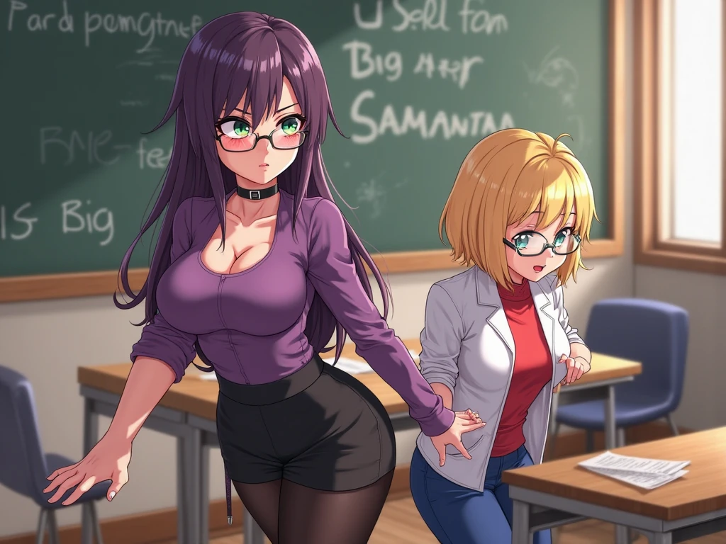 (((Two female lesbian characters - a sex seductive very tall teacher with huge breasts huge nipples wearing glasses and erotic tight mini dress revealing her genitals is sexually touching a student with huge  her shirt almost exploding and very short erotic mini skirt))), (NSFW), (yuri hentai), (((lesbian sex))), student x teacher lesbian, ((boumcing breasts)), 