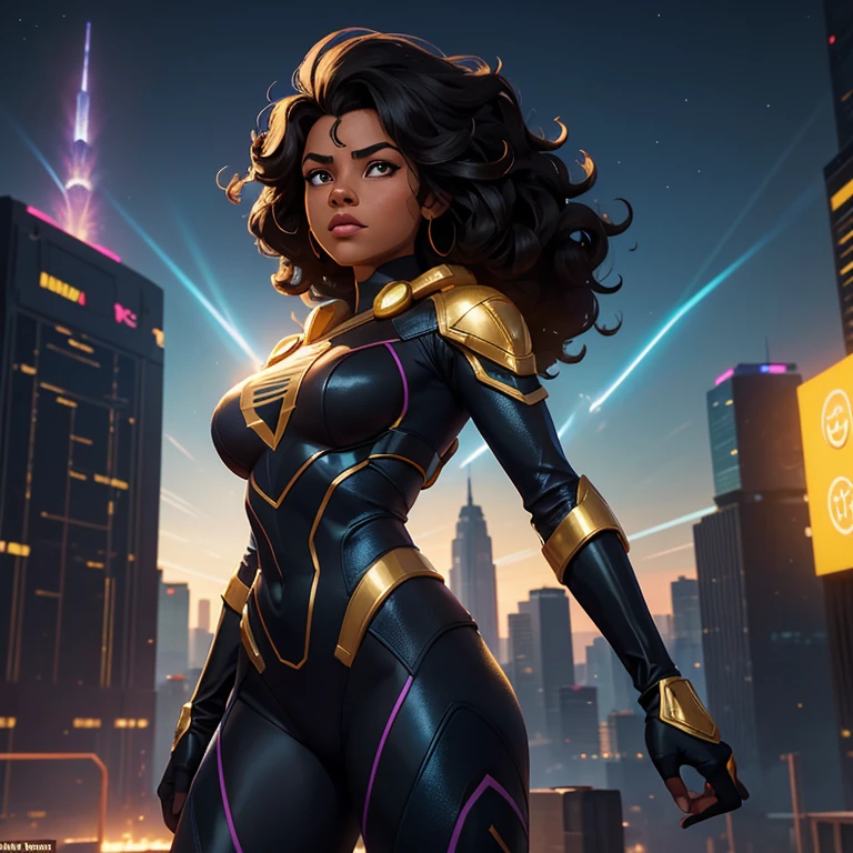 Black woman flying, beautiful city, technological city, gleaming skyscrapers, elegant bridges, serene rivers, city lights, flowering trees and gardens, people on the sidewalks, flowing hair, outstretched arms, determined gaze, diversity, empowerment, liberation.